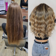 Die Kundin hatte eine Grundfarbe in Dunkelblond-Natur. Der Kundenwunsch war eine natürliche Balayage. Dies wurde mit Paintings und Babylights erarbeitet, Anschließend wurde das Ganze mit einem Honigblondton abmattiert.