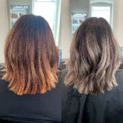 Mit einer geschickten Balayage-Technik haben wir einen nahtlosen Übergang von dunkelblondem Ansatz zu lebendigen Strähnen geschaffen. Eine dezente Violett-Tönung verlieh dem Haar eine geheimnisvolle Tiefe, während kühle @PURE PIGMENTS in Blau und Grün für einen faszinierenden Akzent sorgten.