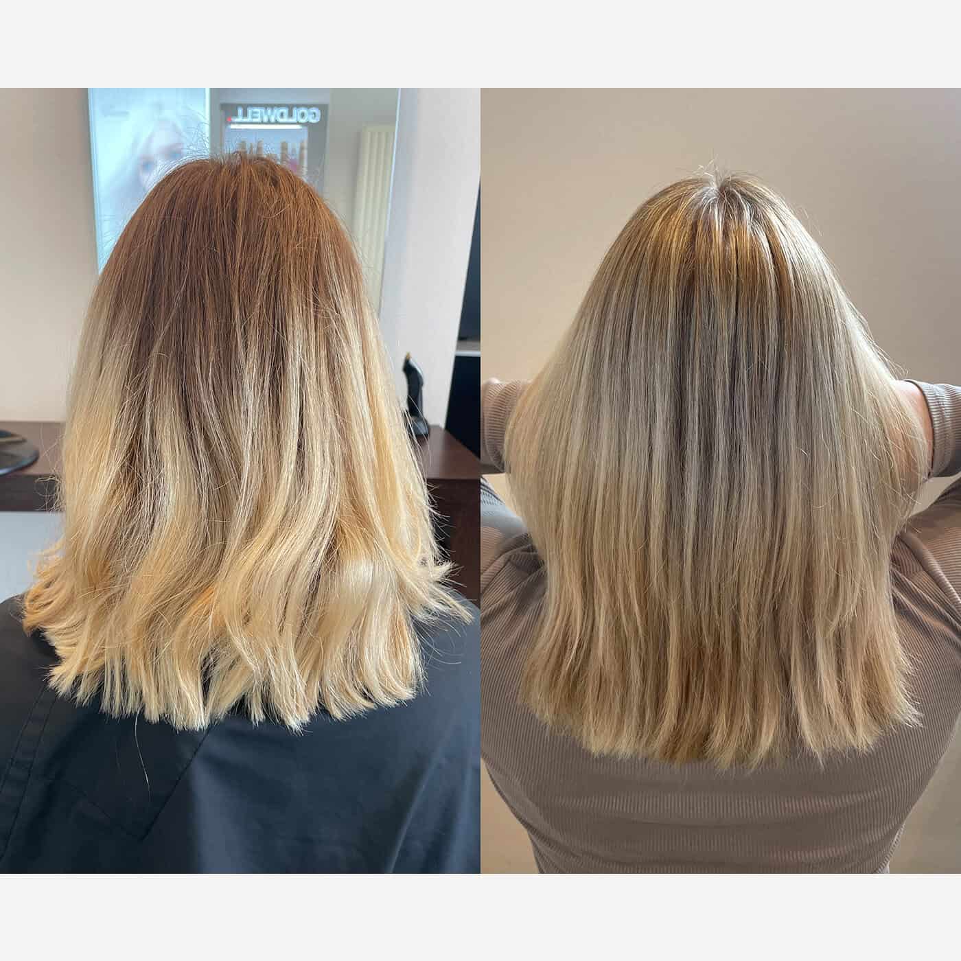 Eine faszinierende Typveränderung: Zuerst wurden strahlende blonde Strähnen kreiert. Anschließend erfolgte eine Tönung mit Beige Silver und einem Hauch von @PURE PIGMENTS in Blau für eine individuelle Note. Der Ansatz wurde gekonnt mit einem hell-hell-natur-aschblondem Ton veredelt, um einen sanften Übergang zu schaffen. Schließlich erhielt das gesamte Haar eine Veredelung in Beige Silver Blond, was dem Look einen eleganten und strahlenden Gesamtcharakter verleiht.