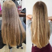 Die Kundin wünschte sich eine natürliche Balayage ohne starke Aufhellung. Die Balayage-Technik wurde mit einer Spezial-Blondierung umgesetzt, um sanfte und dezente Highlights zu erzielen. Dadurch wurde dem Haar eine natürliche Aufhellung verliehen. Das Ergebnis ist eine atemberaubende und dennoch subtil wirkende Balayage, die dem Haar Dimension und Lebendigkeit verleiht.