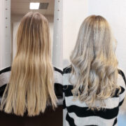 Bei dieser Balayage wurden Strähnen mit Oxycure Blondierung kunstvoll gesetzt, um dem Haar einen lebendigen Glanz zu verleihen. Zusätzlich wurden einige Lowlights in der Tontiefe 7 eingearbeitet, um dem Look eine subtile Dimension zu verleihen. Um die Kontraste weiter zu betonen, wurde ein raffinierter Rootshadow umgesetzt. Am Ansatz erstrahlt ein helles Natur-Aschblond. In den Längen und Spitzen setzt ein Pastell-Violablond einen modernen Akzent. Diese Typveränderung ist ein wahres Kunstwerk aus Strähnen, Lowlights und harmonischen Farbübergängen.