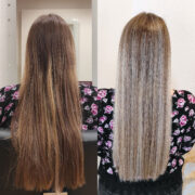 Diese fabelhafte Typveränderung kombiniert geschickt Balayage-Techniken mit einer kreativen Tönung für einen einzigartigen Look. Paintings und Babylights wurden kunstvoll eingearbeitet, um subtile Highlights und feine Lichtreflexe zu schaffen. Der krönende Abschluss erfolgte durch eine Tönung mit Pastell-Violablond, die dem Haar eine verträumte und moderne Note verleiht. Zusätzlich wurde die Tönung personalisiert, um dem Look eine individuelle Nuance zu geben. Das Ergebnis ist eine Balayage, die nicht nur Natürlichkeit und Eleganz verkörpert, sondern auch durch ihre kreative Farbgebung fasziniert.