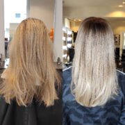 Eine Reverse Balayage! Bei dieser atemberaubenden Typveränderung wurde eine faszinierende Reverse Balayage kreiert, die durch geschickte Akzente und raffinierte Nuancen besticht. Die Lowlights in den Nuancen Dunkelblond Extra, Mittelblond Extra und Hellblond Extra schaffen einen beeindruckenden Kontrast zu den helleren Strähnen. Die dunkleren Töne wurden kunstvoll in das Haar integriert, um eine natürliche Tiefe und Dimension zu erzeugen. Der Reverse Balayage-Effekt sorgt dafür, dass die helleren Strähnen wie von der Sonne geküsst erscheinen, während die Lowlights dem Look eine subtile Intensität verleihen.