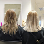 Eine blonde Balayage mit einer persönlichen Note. Der Ansatz erstrahlt in einem eleganten Mittel-Natur-Aschblond, das eine natürliche Basis für den Look schafft. Die personalisierte Pastell-Violablond-Tönung verleiht dem Haar einen verspielten und dennoch anspruchsvollen Touch. Durch geschickte Akzente und Nuancen wird die Balayage zum Kunstwerk.