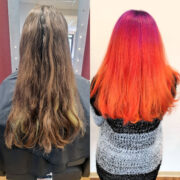 Die Haare wurden vollständig gesträhnt, um eine gleichmäßige Farbverteilung zu erzielen, und anschließend mit Elumen getönt. Der Ansatz erstrahlt in Violett, während die Längen und Spitzen in Pure Pink, Kupfer und Goldkupfer sanft verwischt wurden, um einen weichen Verlauf zu schaffen. Das Ergebnis ist ein lebendiger, faszinierender Look mit tiefen Farbtönen und harmonischen Übergängen.