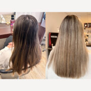 Ein frischer, klarer Look mit natürlicher Eleganz – das Haar wurde aufgehellt und mit feinen, kontrastreichen Strähnen veredelt. Die kühlen Blondnuancen harmonieren perfekt mit dem sanften, beigigen Grundton und verleihen der Gesamterscheinung eine moderne, gleichzeitig weiche Ausstrahlung. Die Linienführung ist glatt und präzise, was dem Haar ein gesundes, gepflegtes Finish verleiht. Ein rundum gelungenes Makeover, das Leichtigkeit, Struktur und strahlende Frische ausbalanciert.