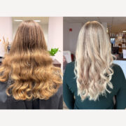 Eine strahlend helle Balayage mit sanften, fließenden Übergängen: Feine, gleichmäßig gesetzte Highlights in kühlem Vanille- und Perlblond hellen die Längen auf und lassen das Haar insgesamt besonders frisch und leicht wirken. Der natürlich belassene Ansatz sorgt für Tiefe und einen soften Kontrast, während eine gezielte Abmattierung dem Blond Klarheit und Eleganz verleiht. Die weichen Wellen unterstreichen die Dimension der Farbe und lassen das Haar lebendig schimmern.
