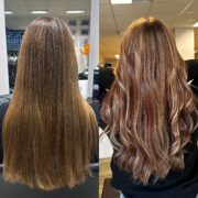 Ein harmonischer Schokoladenbraun-Look mit fein nuancierter Tiefe und sanfter Bewegung. Zart gesetzte Highlights in warmem Mokka- und Haselnussbraun durchziehen die Längen und verleihen der Balayage Lebendigkeit sowie einen edlen Schimmer. Die weichen Übergänge sorgen für ein natürliches Finish, während die glänzenden Wellen die Farbvielfalt perfekt zur Geltung bringen. Ein eleganter, zeitloser Look, der Wärme, Natürlichkeit und moderne Raffinesse vereint.